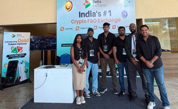 Five people stand in front of a banner that reads 'India's #1 Crypto F&O Exchange' and 'Delta', leading the exchange.