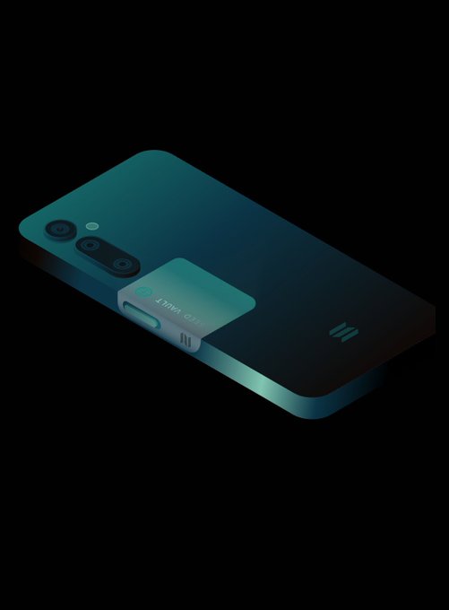 A sleek, dark teal smartphone floating against a black background, featuring a triple camera setup and a 'Pro Vault' branded card partially inserted into its side.