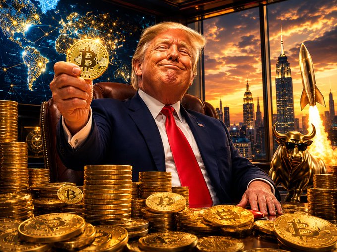 A stylized AI-generated illustration of Donald Trump in a suit smiling while holding up a Bitcoin coin, surrounded by gold coins, a digital world map, a rocket, and a golden bull statue with the New York City skyline at sunset.