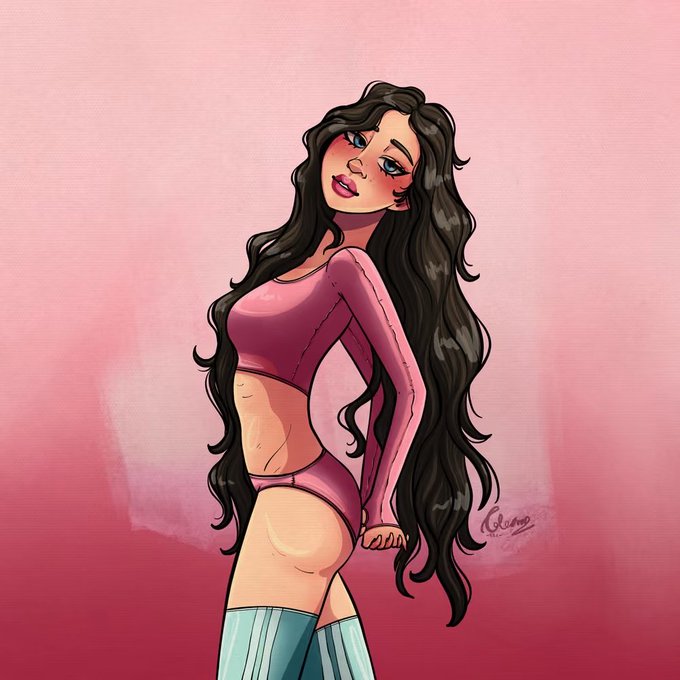 An illustrated digital artwork shows a stylized young woman with long, flowing dark wavy hair, wearing a pink long-sleeved crop top and matching bottoms, posed against a soft pink background.