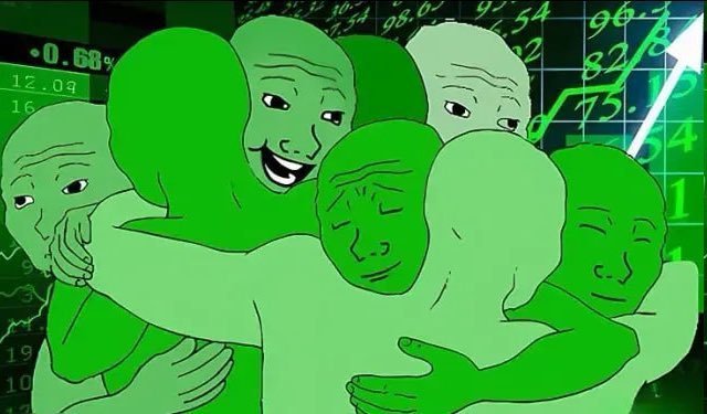 The image features a group of Wojak characters sharing a happy embrace, set against a green stock market background displaying numbers like "98.54" and "12.09" with an upward-trending arrow. It visually reinforces the post's optimistic market sentiment, symbolizing unity and excitement as Bitcoin and Ethereum approach key price milestones.