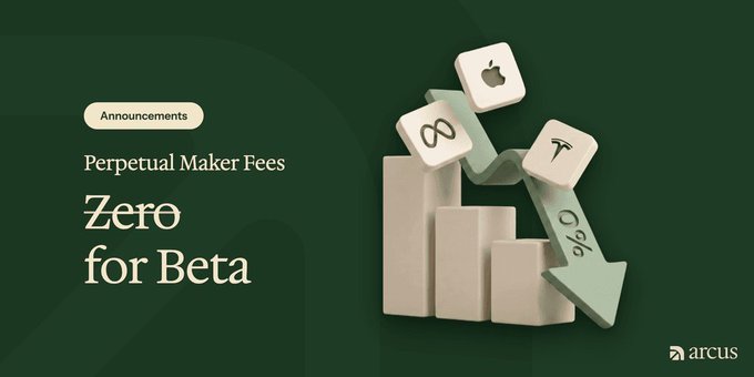 A promotional banner from Arcus announcing 'Perpetual Maker Fees Zero for Beta,' featuring 3D blocks with tech logos and a downward arrow marked '0%'.