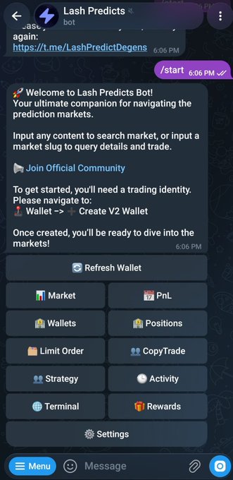 A Telegram bot interface for 'Lash Predicts Bot' showing a welcome message, instructions for setting up a V2 Wallet, and menu options including Market, PnL, Wallets, and Positions.