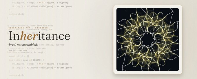 The image shows a stylized rendering of the word "Inheritance" with the tagline "bred, not assembled. same family, forever," accompanied by abstract artwork featuring intertwined yellow lines forming a circular, symmetrical pattern on a black background, with faint code snippets visible on the left side. The artwork visually represents the concept that ownership can grow and create new lineage over time.