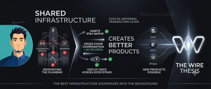 An infographic explaining 'SHARED INFRASTRUCTURE' for 'THE WIRE THESIS' showing how assets stay native, cross-chain coordination under 90 seconds, and deploy once across ecosystems to create DeFi, NFTs, and dApps.