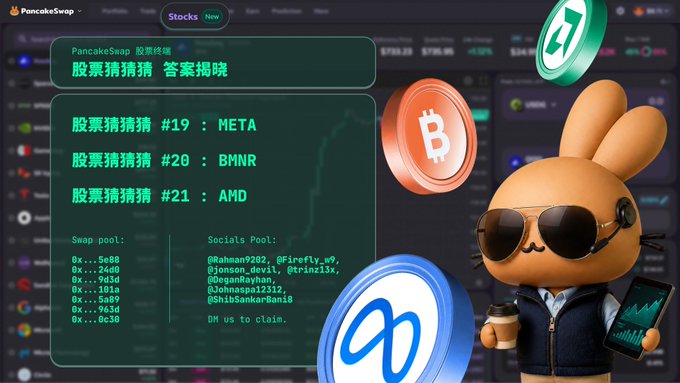 Promotional graphic for PancakeSwap featuring stock guessing game results ('股票猜猜猜 #19: META', '#20: BMNR', '#21: AMD'), cryptocurrency coins (BTC, USDT), and an orange bunny mascot wearing sunglasses.