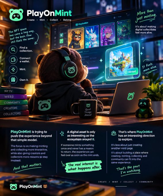 Promotional poster for PlayOnMint NFT platform featuring a bear character with headphones at a computer, highlighting features: Create, Mint, Collect, Belong, with sections for NFTs, WEB3, Community, Creators, and Collectors.