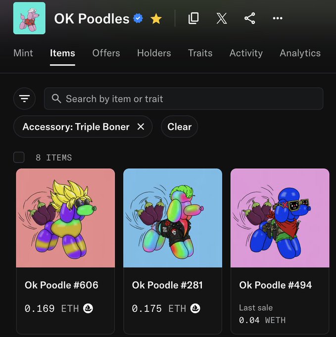 The image shows an OpenSea marketplace listing for the "OK Poodles" NFT collection filtered by the "Accessory: Triple Boner" trait, displaying 8 items including Ok Poodle #606 at 0.169 ETH, #281 at 0.175 ETH, and #494 with a last sale of 0.04 WETH. This contradicts the claim of "only 2 for sale" since the filter actually shows 8 items matching the Triple Boner trait, though only two appear to have active asking prices while #494 shows only a past sale price.
