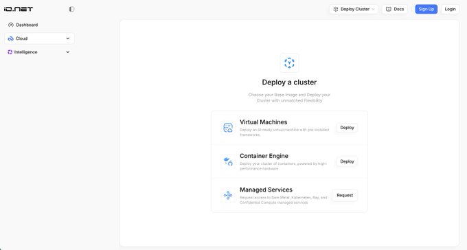 The image shows io.net's newly redesigned dashboard interface featuring a "Deploy Cluster" page with options to deploy Virtual Machines, Container Engine, and Managed Services. This clean, simplified UI—with its clear navigation and minimal jargon—visually embodies the post's message about making decentralized GPU access easier and more accessible to all builders.