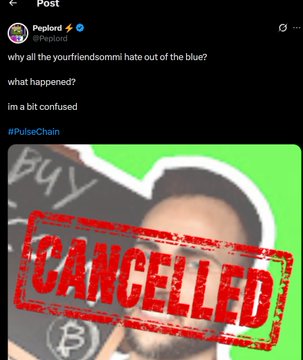 A screenshot shows a post by @peploidand that reads "why all the yourfriendsommi hate out of the blue?, what happened?, im a bit confused" tagged with "#PulseChain" alongside an image of a person holding a "Buy Bitcoin" sign stamped with a red "CANCELLED" stamp. The post appears to be a continuation of a thread complaining about PulseChain's repeated market dumps, with the image illustrating the cancelled investment sentiment toward the project.