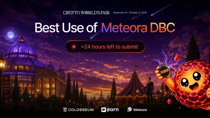 A promotional banner for 'CryptoWorld's Fair' running September 14 to October 12, 2026, advertising 'Best Use of Meteora DBC' with '<24 hours left to submit' and logos for Colosseum, Earn, and Meteora.