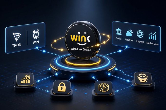A digital illustration showing a central 'WINkLink Oracle' coin on a glowing platform, connected to TRON and WIN logos on one side, and icons for Banks, Weather, Internet, and Market Data on the other, with additional nodes featuring finance, security, dice, and robot symbols linked below.