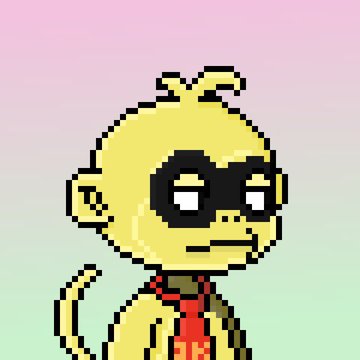 A pixel art illustration of a yellow alien-like creature wearing a black domino mask and a red scarf, set against a gradient pink and green background.