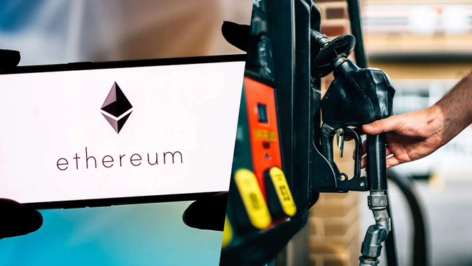 A hand holds a smartphone displaying the Ethereum logo and the word "ethereum" next to a fuel pump nozzle, visually illustrating the concept of paying transaction gas fees for the Ethereum network. The image cleverly uses the fuel pump as a metaphor for gas fees, reinforcing the post's announcement that Ethereum developers are implementing EIP-8141 to eliminate the need for users to hold ETH just to pay gas.