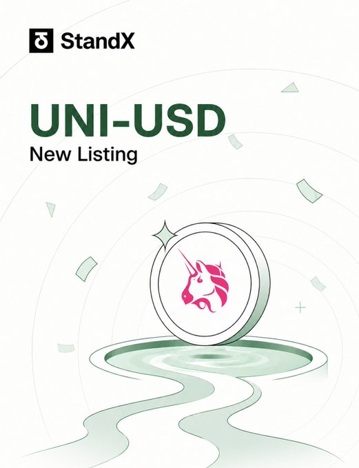 A clean promotional graphic announces the "UNI-USD New Listing" on StandX, featuring a circular emblem with a pink unicorn logo surrounded by floating banknotes and a flowing green wave design. The unicorn imagery cleverly reinforces the "Unicorn mode activated" announcement tied to the new listing with up to 20x leverage.