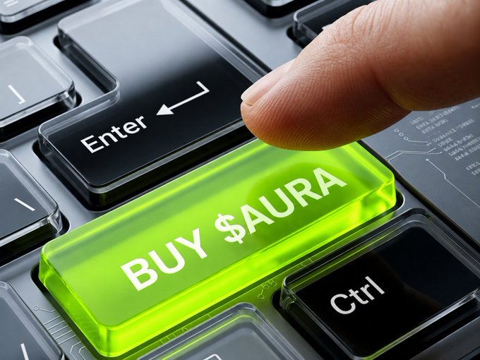 Close-up of a finger pressing a glowing green 'BUY $AURA' key on a black computer keyboard next to the 'Enter' and 'Ctrl' keys.