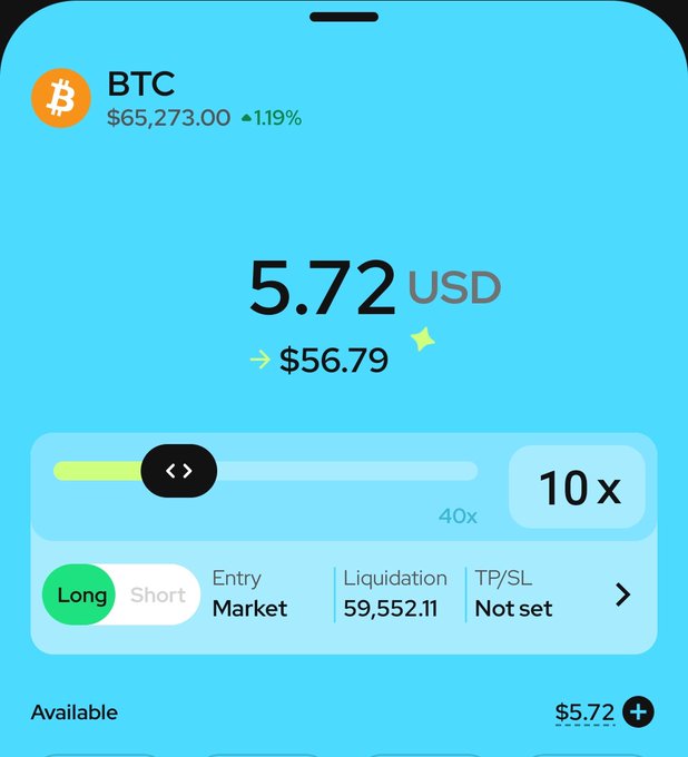 A mobile trading app screen showing Bitcoin (BTC) at $65,273.00 (+1.19%), with a 10x leverage long position, an entry market price, and a liquidation price of 59,552.11.
