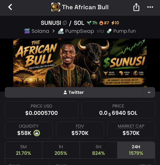 The image shows a PumpSwap trading page for the Solana-based memecoin "SUNUSI" (The African Bull), priced at $0.0005700 with $58K liquidity and a $570K market cap. The page features promotional artwork of a smiling man alongside a bull, with a tagline reading "Born in Africa, Built for the World," reflecting the post's excitement as the token's 24-hour chart displays a 1,579% surge.