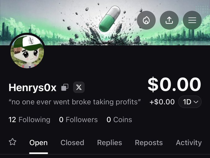 A profile page for "Henrys0x" with the quote "no one ever went broke taking profits," showing $0.00 in holdings, 0 followers, and 0 coins, displayed as the user's official pump app profile where they are soliciting follows and sharing a Solana wallet address for future transactions.