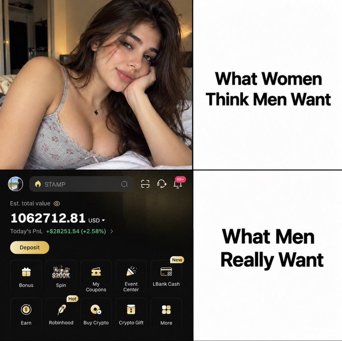 A two-panel meme contrasts a photo of an attractive woman labeled "What Women Think Men Want" with a screenshot of a STAMP app portfolio showing an estimated total value of $1,062,712.81 USD (up $28,251.54 / +2.58% today), labeled "What Men Really Want." The humor plays on the stereotype that men prioritize financial success over physical beauty, with the crypto/investment portfolio screen representing what supposedly motivates them more than attractiveness.
