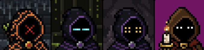 Four pixel-art hooded figures with mysterious face designs are lined up side by side, representing the user's collection of "mancer" NFTs from the vault, ready for the upcoming dex aggregator launch.
