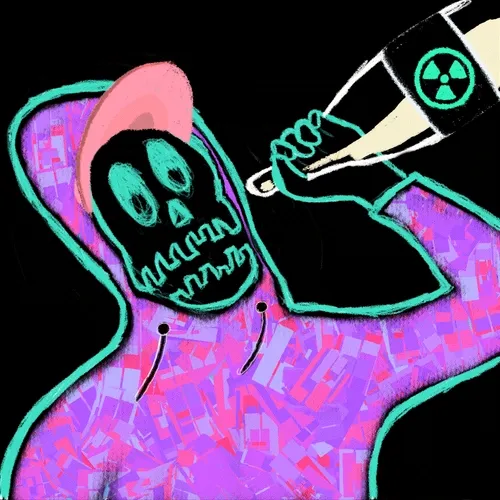 A colorful, sketchy illustration of a skeletal figure in a purple and pink hooded robe drinking from a bottle marked with a radioactive hazard symbol.