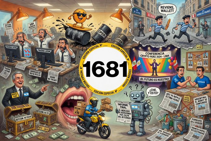The image features a cartoon-style illustration of a man riding a motorcycle, surrounded by various objects such as money, boxes, and a clock. The scene also includes a group of people engaged in different activities like talking on cell phones or working at desks. The background is filled with illustrations depicting the future, including a robot, a car, and a cityscape. The image is accompanied by text that reads "1681 mailchi.mp/diariobitcoin/ ... MoonPay lleva compras de Bitcoin y XRP directo a ChatGPT IA argentina quiso predecir el futuro... y falló una tilde Petróleo cae mientras Irán y EE uu enfrían tensiones Francia lidera alarmante ola de secuestros vinculados a cripto ETF". The image is related to the post in that it features an illustration of Bitcoin and XRP, which are digital currencies.