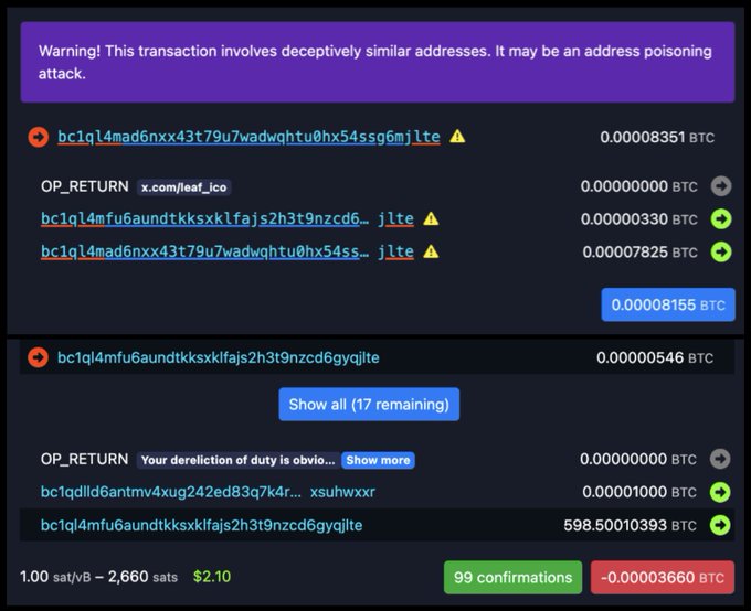Same Bitcoin wallet transaction warning screen displaying 'Warning! This transaction involves deceptively similar addresses. It may be an address poisoning attack,' with transaction details totaling -0.00003660 BTC and 99 confirmations.