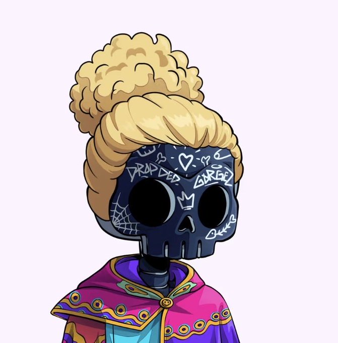 An artistic illustration depicts a skeleton-faced character with a large blonde updo, a black skull covered in graffiti-style text like 'DRAPPED' and 'CIRCLES', and a colorful purple and pink patterned robe.