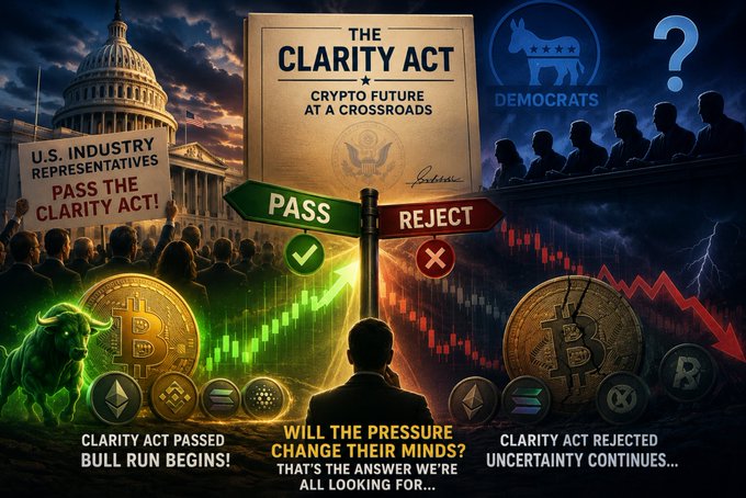 A dramatic political/crypto-themed graphic titled 'THE CLARITY ACT - CRYPTO FUTURE AT A CROSSROADS' featuring the U.S. Capitol, a 'PASS THE CLARITY ACT!' sign held by industry representatives, a central signpost showing 'PASS' (✓) leading to a green bullish Bitcoin chart and 'REJECT' (✗) leading to a red bearish chart, with Democrats silhouettes and a question mark in the background.