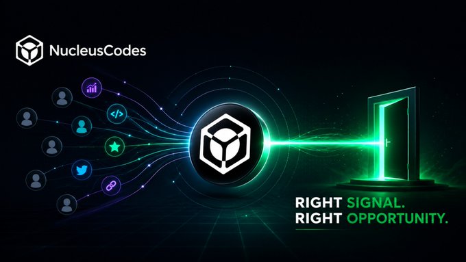The image is a promotional graphic for **NucleusCodes**, featuring its logo (a cube) in the top left corner. It depicts colorful lines radiating from a central cube icon, connecting to user profile symbols and icons representing data, code, favorites, social media, and links on the left, while a bright green beam extends to a glowing doorway labeled **"RIGHT SIGNAL. RIGHT OPPORTUNITY."** on the right. The imagery visually reinforces the post's message about solving Web3's attention problem by matching the right people and opportunities through NucleusCodes' signal-based platform.