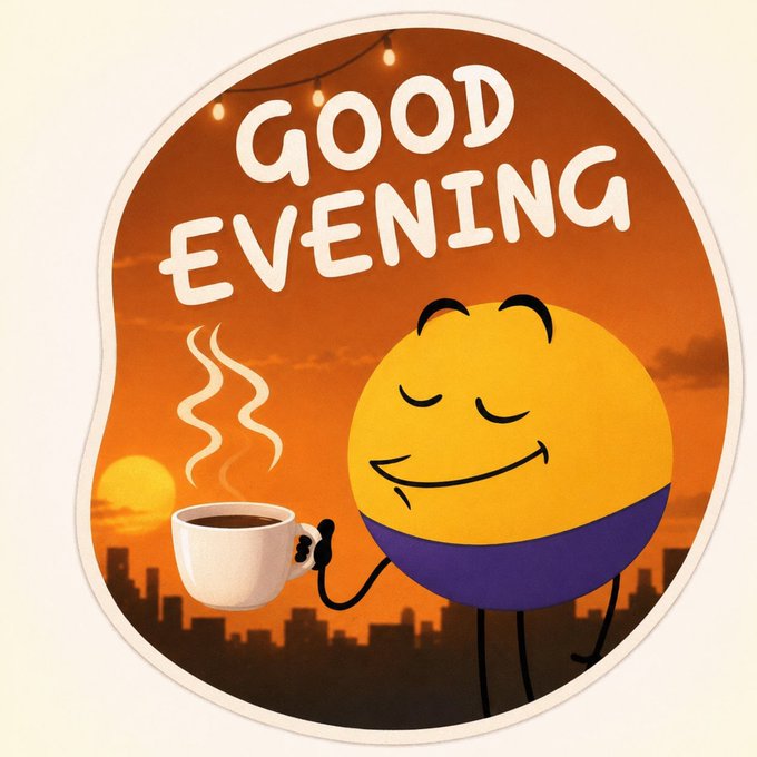 A sticker-style illustration with 'GOOD EVENING' text featuring a round yellow and purple smiling character holding a steaming cup of coffee against a sunset city skyline.