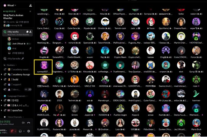 A Discord server interface showing 'Ritual' with a sidebar and main area populated with numerous user avatars in a grid, with one avatar highlighted in yellow.