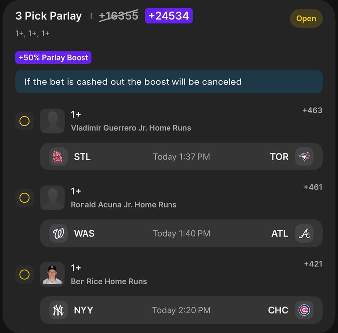 This image shows a "3 Pick Parlay" bet with a "+50% Parlay Boost" for Vladimir Guerrero Jr., Ronald Acuna Jr., and Ben Rice to hit home runs. The boost is intended to increase the potential payout significantly, aligning with the "50% boost to the moon" post.