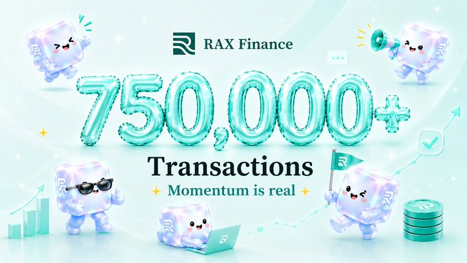The image is a celebratory graphic from RAX Finance highlighting their achievement of surpassing 750,000+ transactions on the Binance Smart Chain (BSC), featuring the RAX logo, the milestone number in large balloon-style text, and the tagline "Momentum is real" surrounded by cheerful mascot characters.