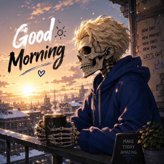 An illustrated 'Good Morning' graphic featuring a skeleton with blonde hair in a blue hoodie holding a mug on a rooftop at sunrise, with motivational text including 'NEW DAY NEW MINDSET NEW VIBES NEW YOU' and 'MAKE TODAY AMAZING'.