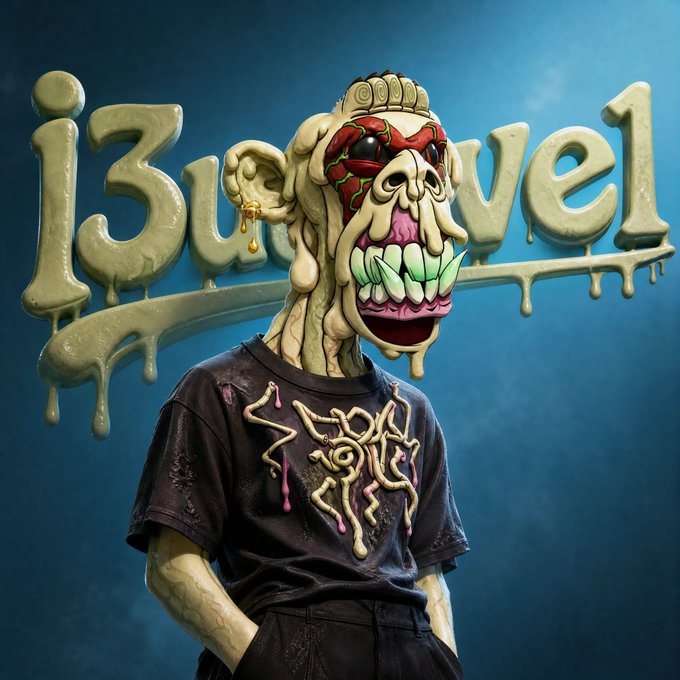 A 3D rendered character with a grotesque melting face featuring green teeth and red eyes, wearing a dark t-shirt with melting letters, set against a blue background with the dripping text '13twelv' behind it.