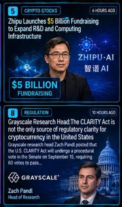 A crypto news graphic featuring two stories: 'Zhipu Launches $5 Billion Fundraising to Expand R&D and Computing Infrastructure' for ZHIPU·AI, and 'Grayscale Research Head: The CLARITY Act is not the only source of regulatory clarity...' featuring Zach Pandl.