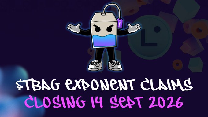 A promotional graphic featuring a cartoon milk carton character wearing sneakers and a tag, with text reading '$TBAG EXPONENT CLAIMS CLOSING 14 SEPT 2026' against a dark background.