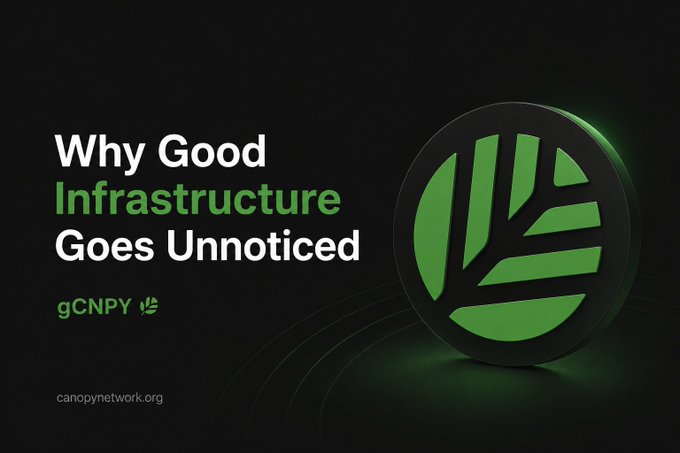 A promotional graphic featuring the text "Why Good Infrastructure Goes Unnoticed" alongside the gCNPY logo and canopynetwork.org URL, presented on a dark background with a green leaf emblem. The image visually reinforces the post's message about invisible yet essential infrastructure, emphasizing how well-designed systems allow developers to focus on products rather than underlying technical issues.