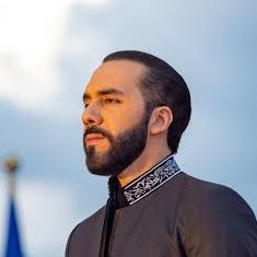 A man with a beard wearing a gray traditional jacket with patterned collar, looking off to the side against a cloudy sky.