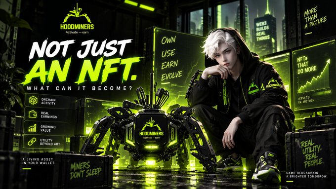 A promotional poster for 'HOODMINERS' featuring the tagline 'NOT JUST AN NFT. WHAT CAN IT BECOME?' alongside text like 'OWN USE EARN EVOLVE', 'REAL UTILITY REAL PEOPLE', and 'WEBS3 BUILDS REAL THINGS'.