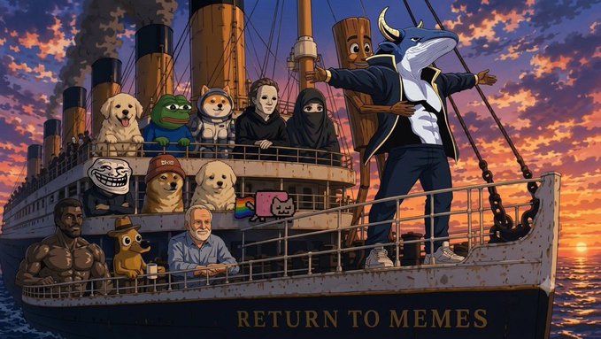 The image depicts a diverse group of internet memes and figures, including Doge, Pepe the Frog, and the Trollface, sailing on a ship labeled "RETURN TO MEMES" with a bull-whale hybrid character leading the way. This visually represents the community and themes associated with the $BULLWHALE cryptocurrency mentioned in the accompanying post.