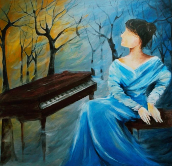 A digital painting depicting a woman in a flowing blue dress sitting beside a grand piano against a backdrop of bare trees and a yellow-blue sky.