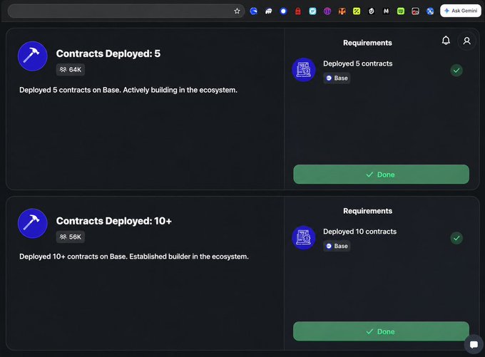 The image displays two Base Guild achievements badges—"Contracts Deployed: 5" (Top 64K) and "Contracts Deployed: 10+" (Top 56K)—both marked as "Done," visually confirming the post's claim that deploying just 5-10 contracts on Base qualifies users among the top builder wallets in the ecosystem.