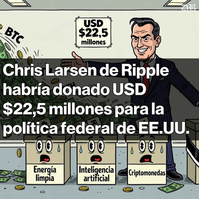 A Spanish-language political cartoon showing a caricature of Chris Larsen (Ripple) in a suit, with text stating 'Chris Larsen de Ripple habría donado USD $22,5 millones para la política federal de EE.UU.' alongside crying boxes labeled 'Energía limpia', 'Inteligencia artificial', and 'Criptomonedas'.