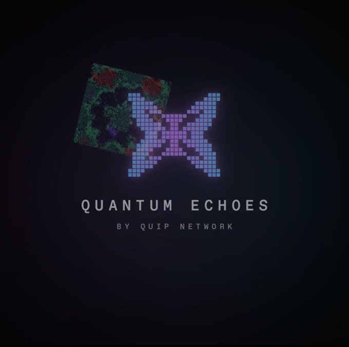 The image displays a logo for "Quantum Echoes by Quip Network," featuring a stylized pixelated "X" in purple and blue gradient hues overlaid on a green and black grid square against a dark background. This visual branding complements the post's introduction of Quip Network's Quantum Echoes product, which simplifies crypto onboarding through a Burner wallet that lets users receive QFT tokens without prior account setup.