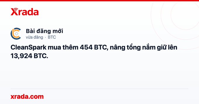 Xrada news article in Vietnamese announcing CleanSpark purchased an additional 454 BTC, bringing its yearly holdings to 13,924 BTC.