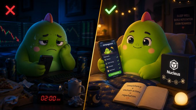 A split-screen illustration contrasting a stressed green character at 2:00 AM watching falling crypto charts (marked with a red X) versus a happy version using the 'Nucleus' sleep-to-earn app and 'sleepagotchi' (marked with a green checkmark).