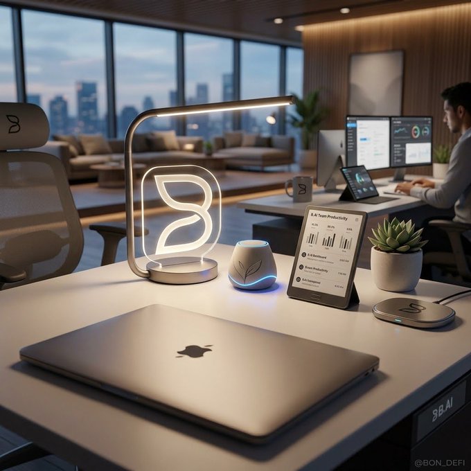 A modern office desk setup featuring a MacBook, a decorative lamp with a leaf logo, a tablet displaying 'AI & Team Productivity' charts, and a person working at a multi-monitor workstation in the background.